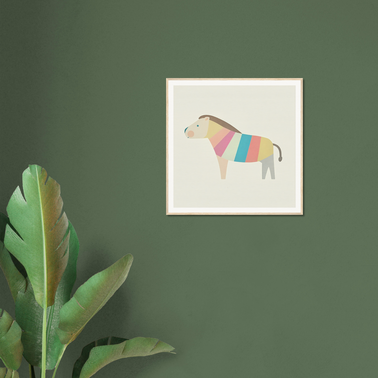 Colorful striped elephant artwork in a white frame for cute nursery wall art