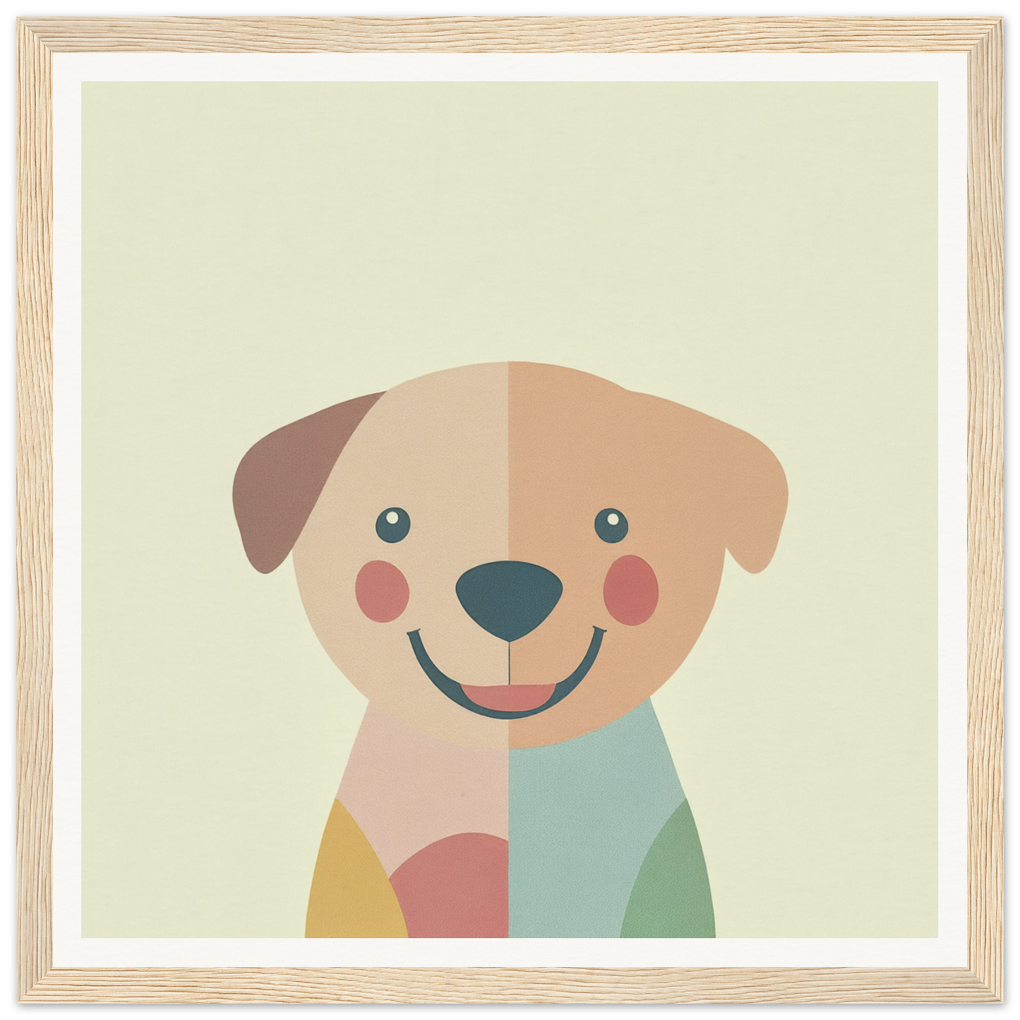 Smiling dog cartoon with geometric shapes, perfect for nursery wall art or decor