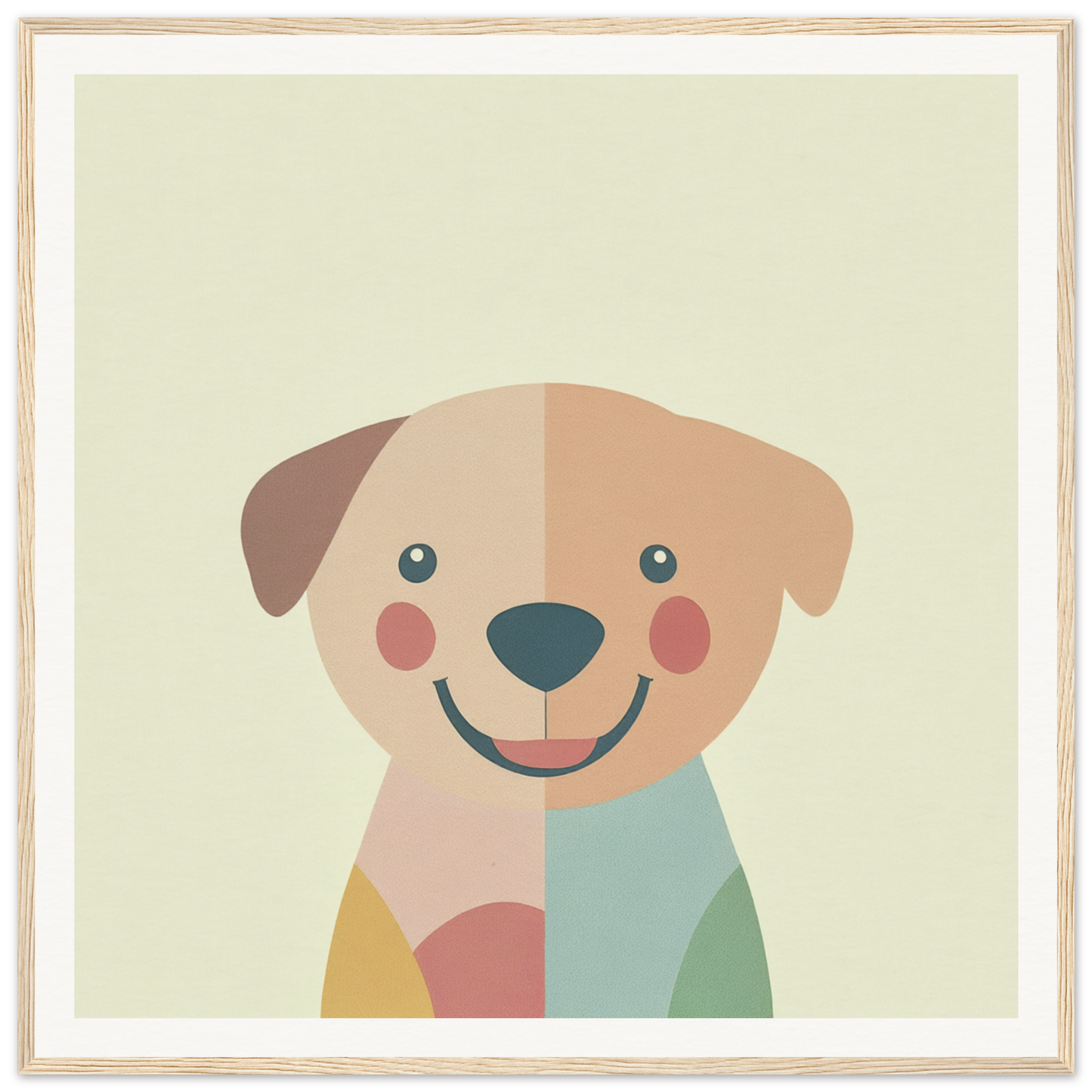 Cute cartoon puppy smiling in pastel blocks, perfect for nursery wall art or decor