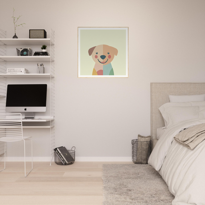 Framed cartoon dog illustration for cute nursery wall art and decor in mint green