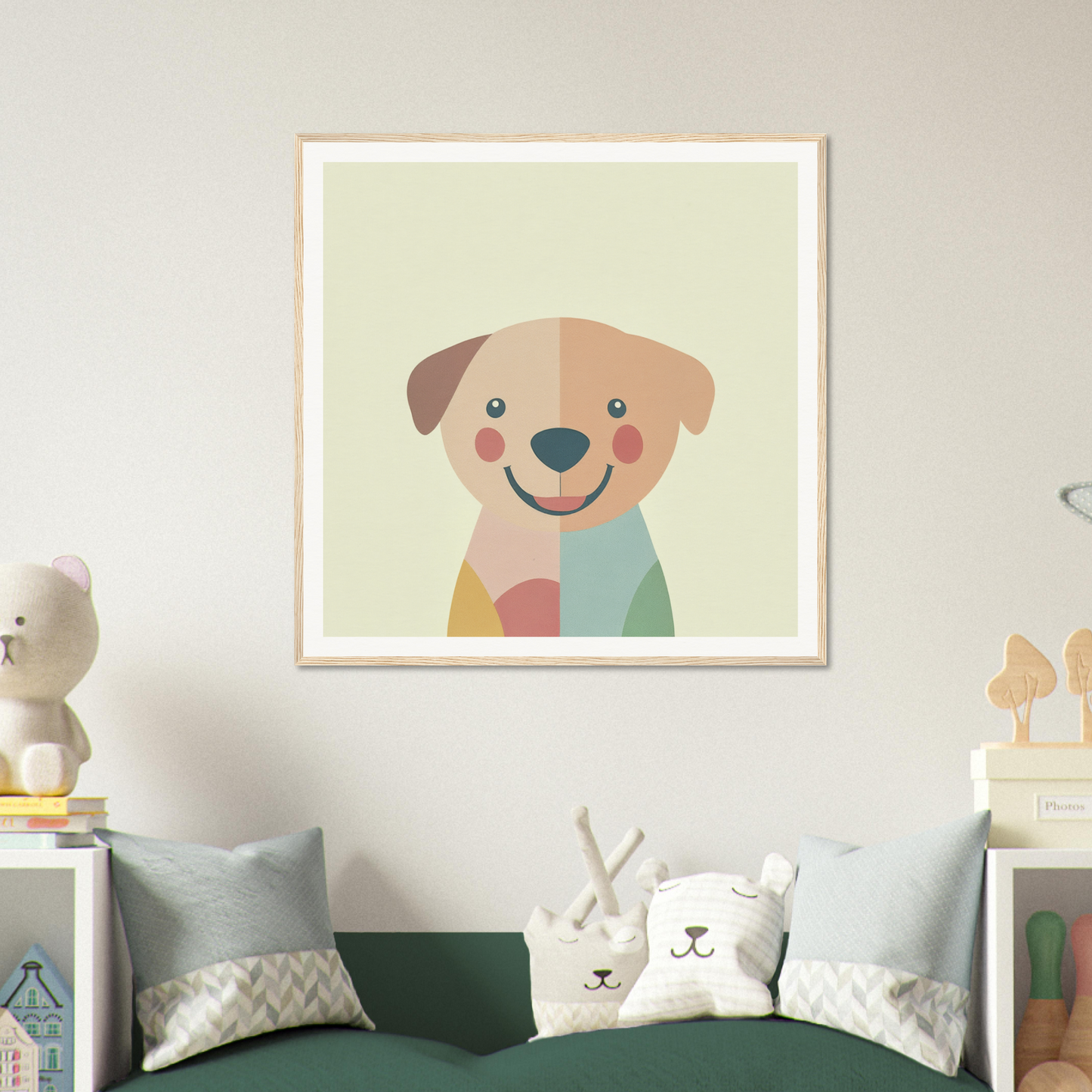 Colorful cartoon smiling dog in pastel geometric shapes for nursery wall art