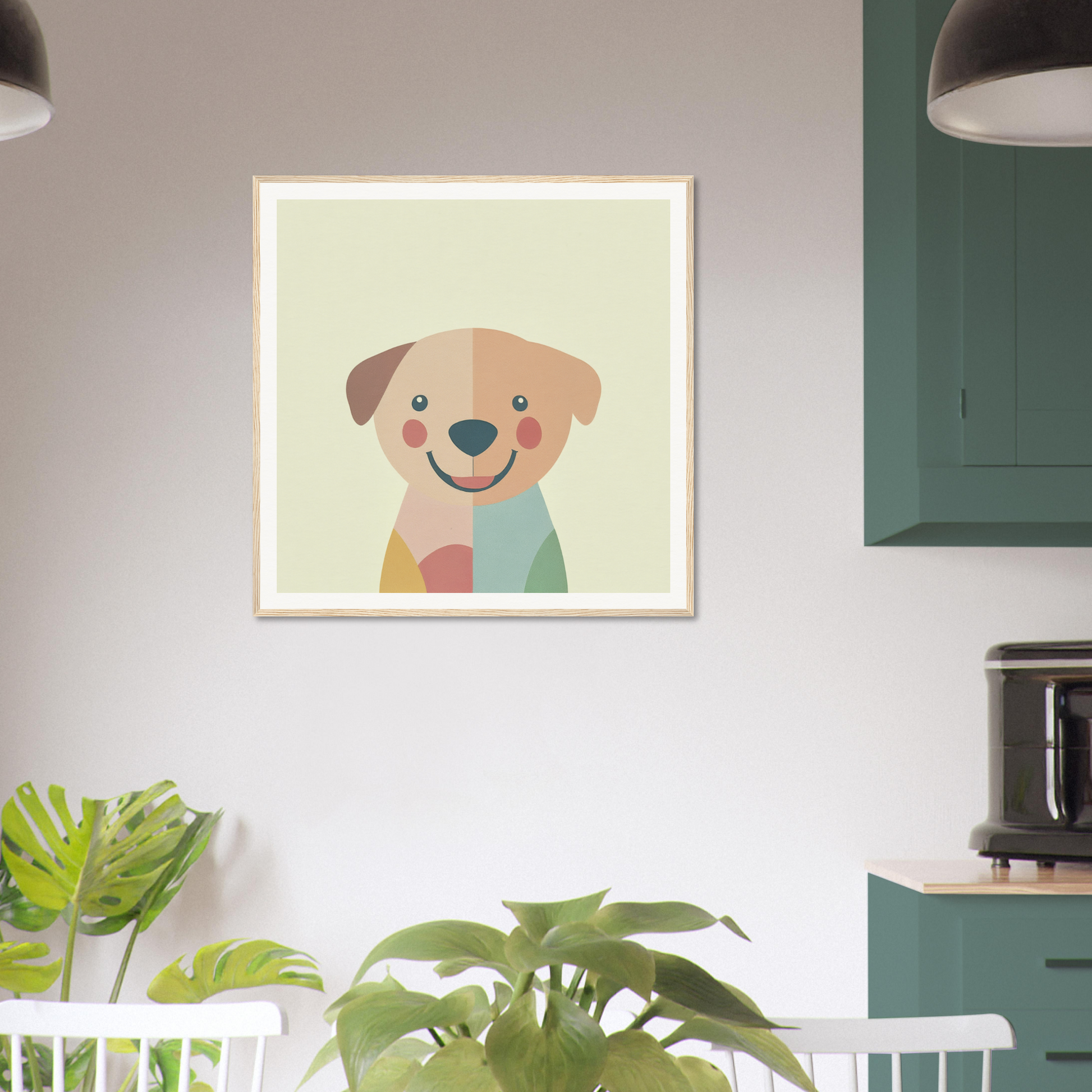 Framed cartoon illustration of a happy dog, perfect for nursery wall art and decor