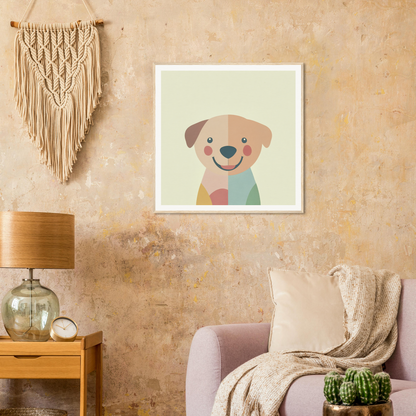 Colorful geometric dog face illustration in a white frame for nursery wall art