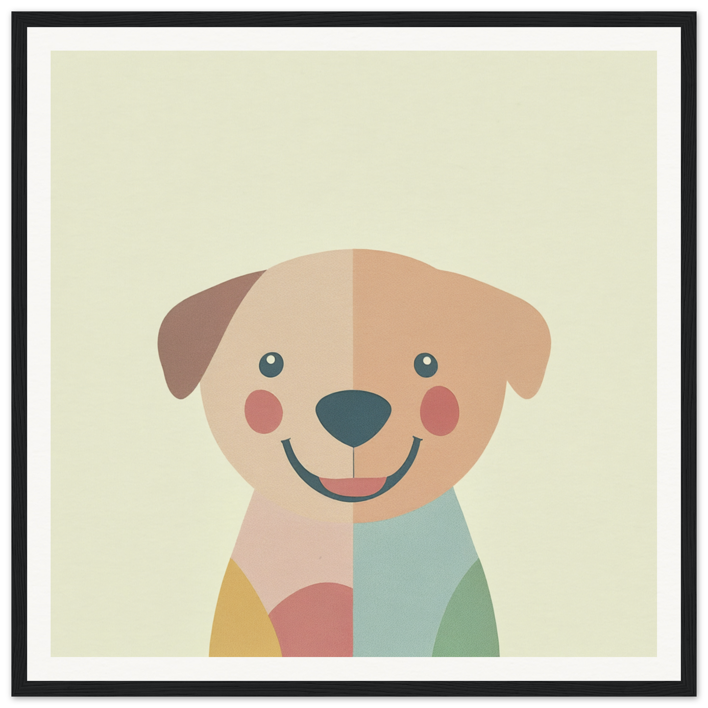 Minimalist smiling dog illustration in pastel colors for cute nursery wall art