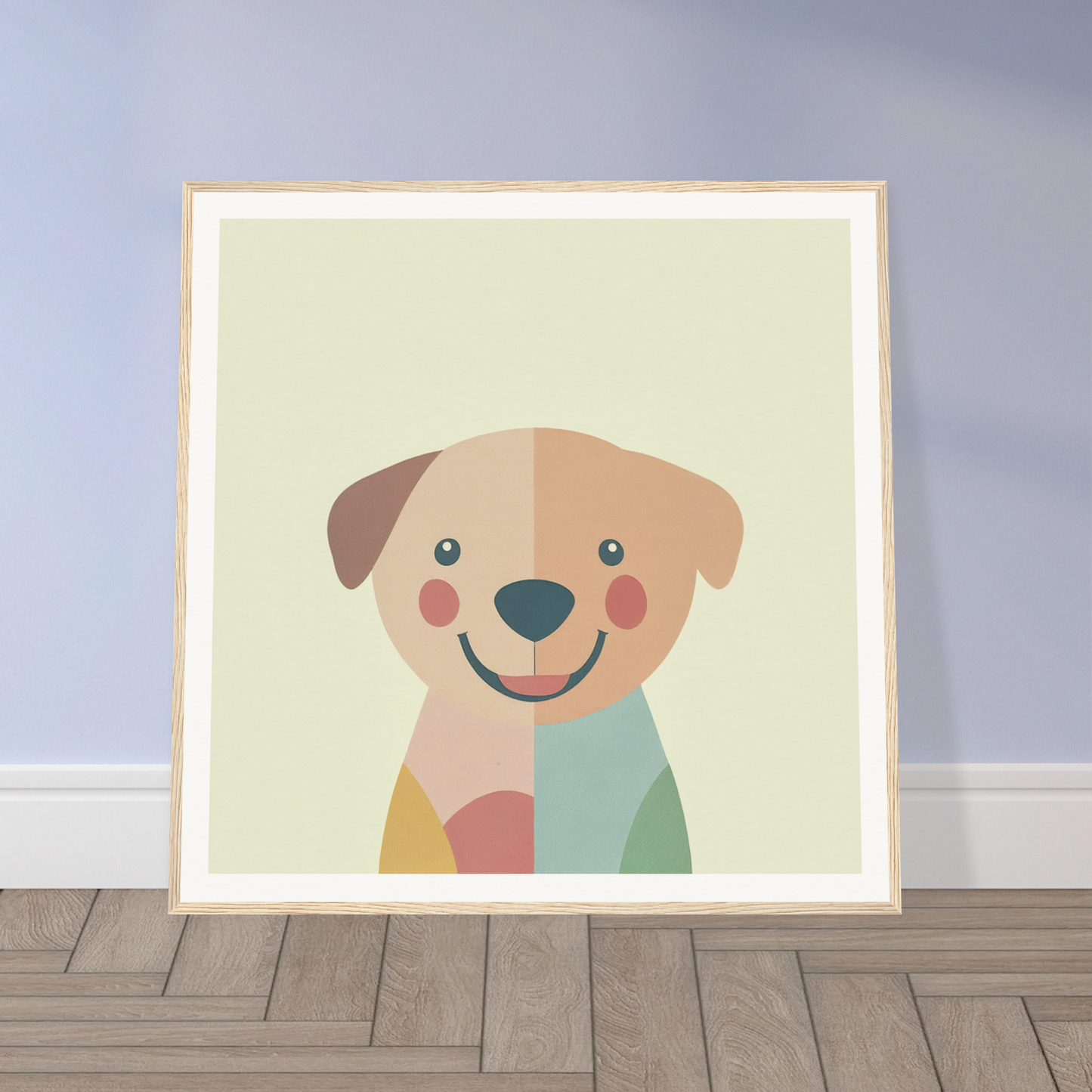 Colorful cartoon dog illustration perfect for nursery wall art and decor in a framed poster