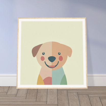 Colorful cartoon dog illustration perfect for nursery wall art and decor in a framed poster