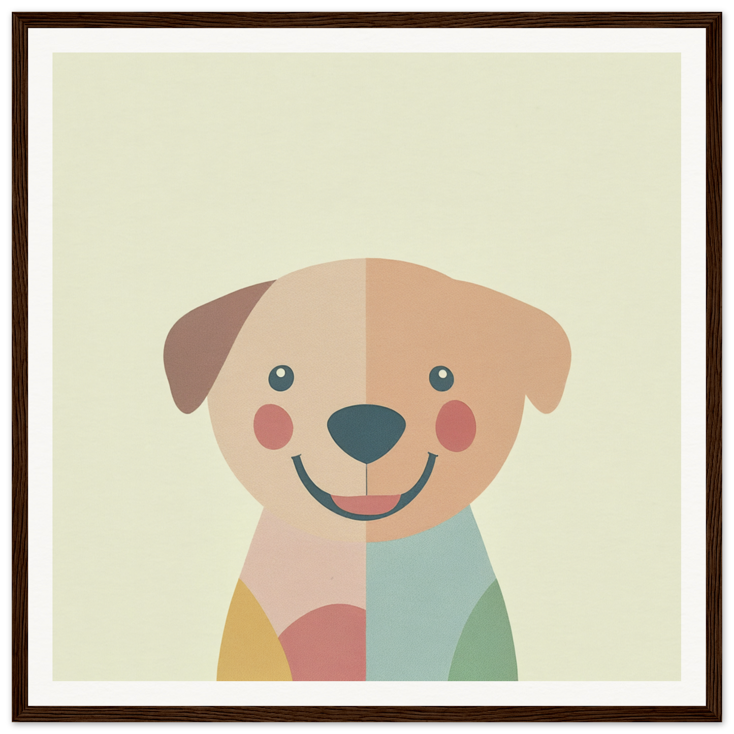 Minimalist illustration of a smiling dog in soft pastels for nursery wall art