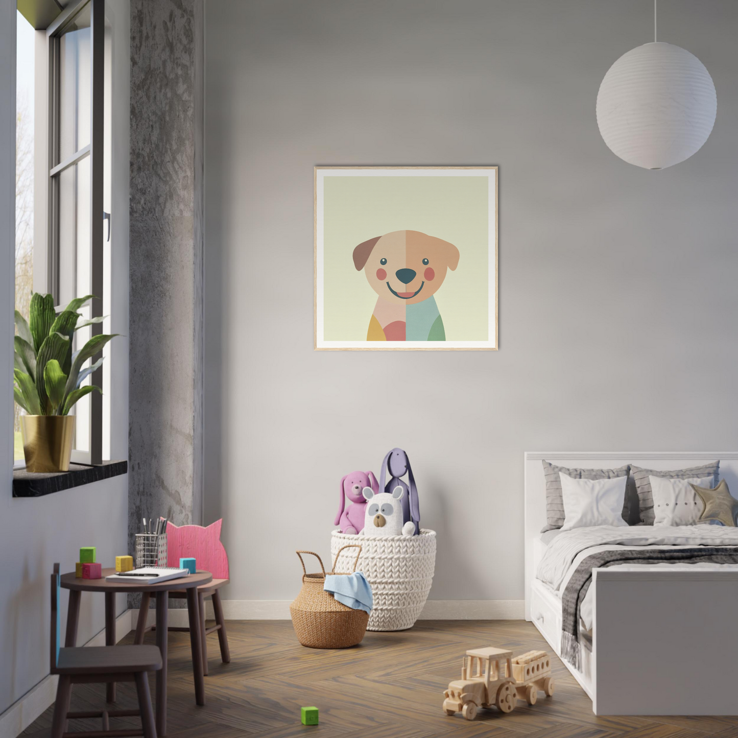 Framed poster of a smiling dog in a scarf, perfect for nursery wall art and decor