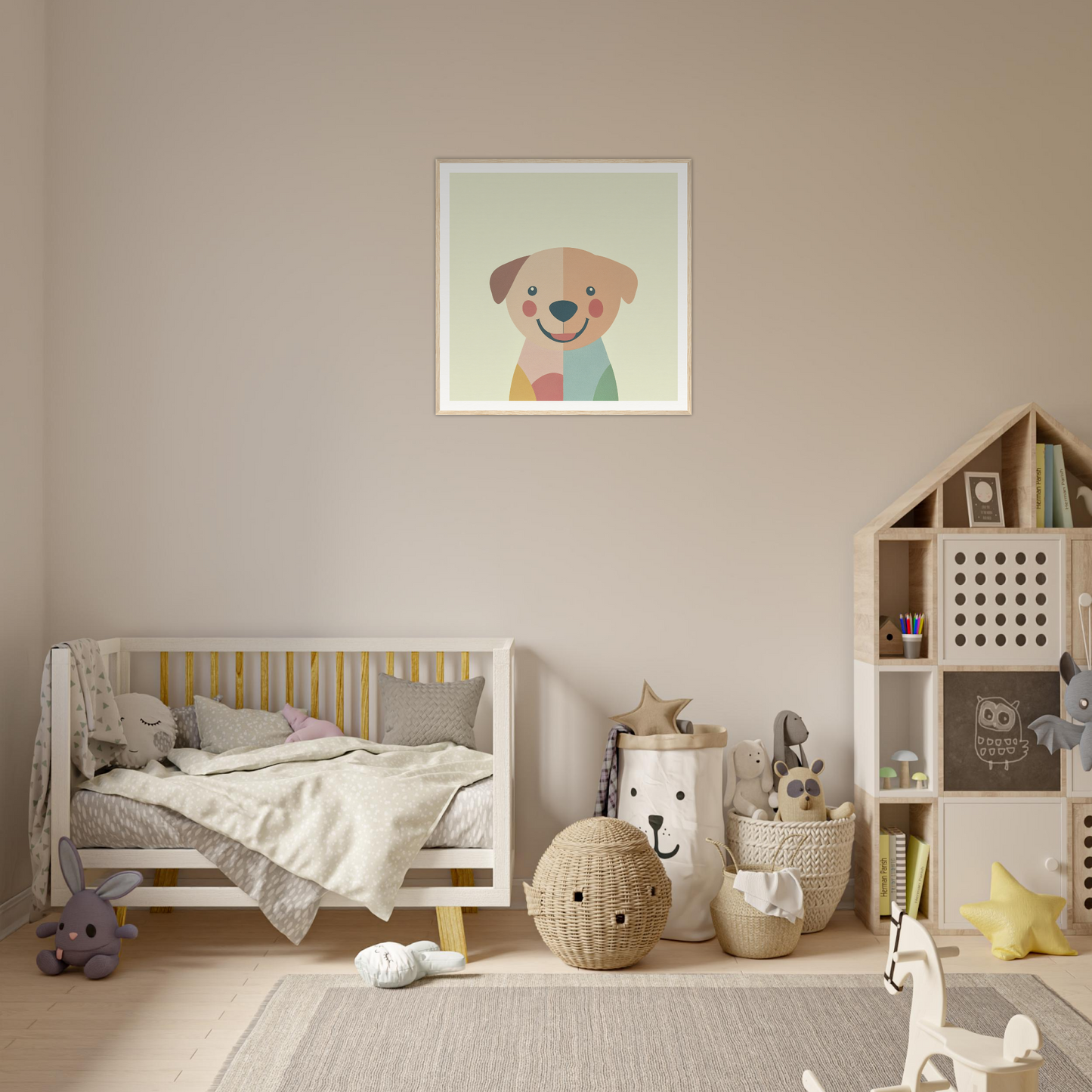 Cozy nursery with neutral colors and playful decor featuring cute nursery wall art