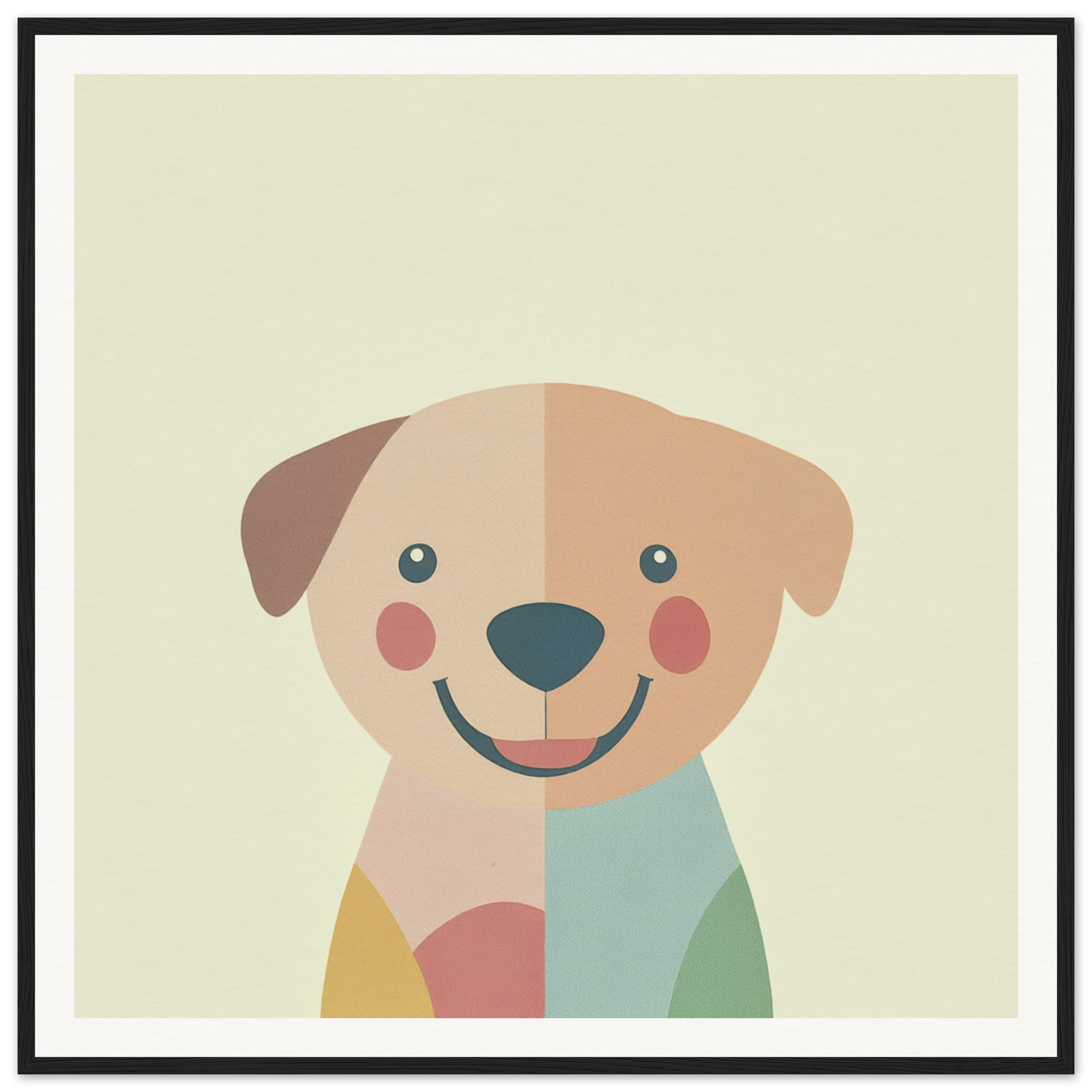 Cute cartoon dog face with pastel blocks, perfect for nursery wall art or decor