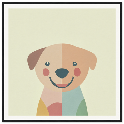 Cute cartoon dog face with pastel blocks, perfect for nursery wall art or decor