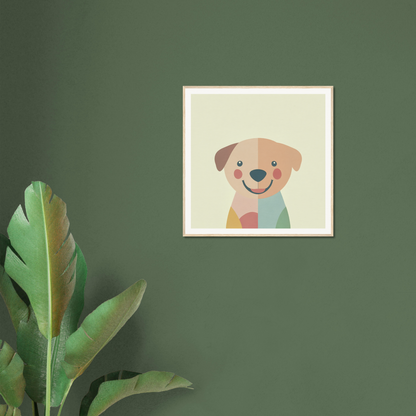 Framed poster of a happy puppy in a rainbow collar for cute nursery decor