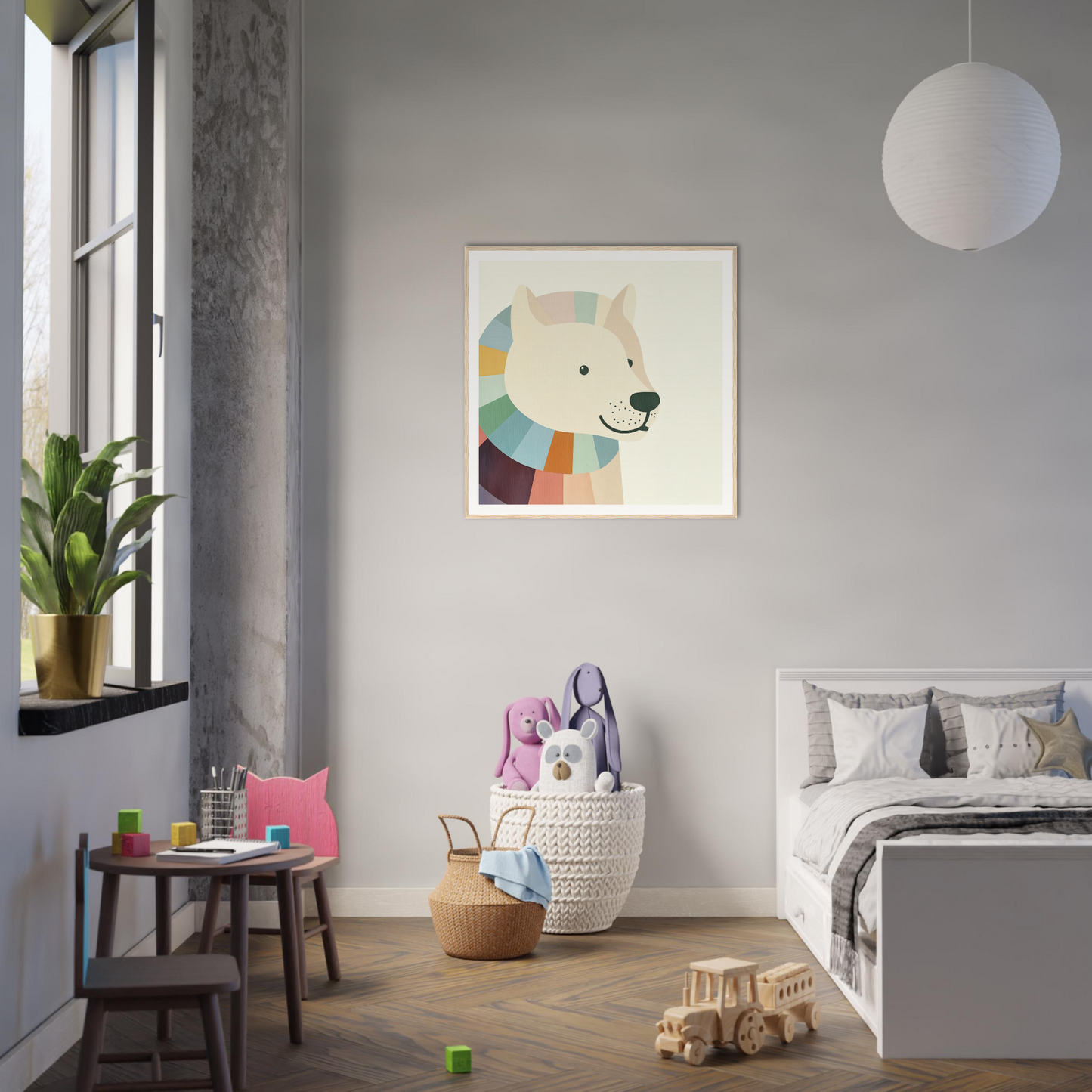 Modern bedroom with minimalist Scandinavian decor, perfect for nursery wall art vibes