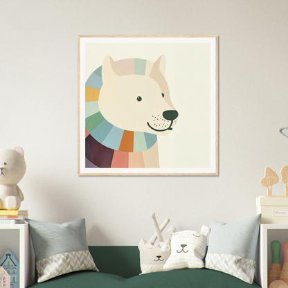 Colorful geometric smiling polar bear with scarf for nursery wall art or decor