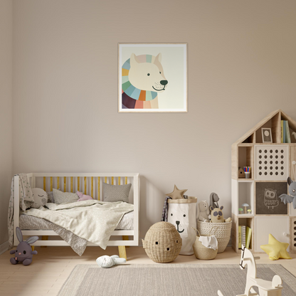 Cozy nursery decor with whimsical designs and a framed poster in neutral colors