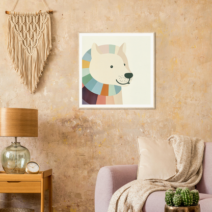 Colorful geometric polar bear in a striped scarf, perfect nursery wall art for nursery decor