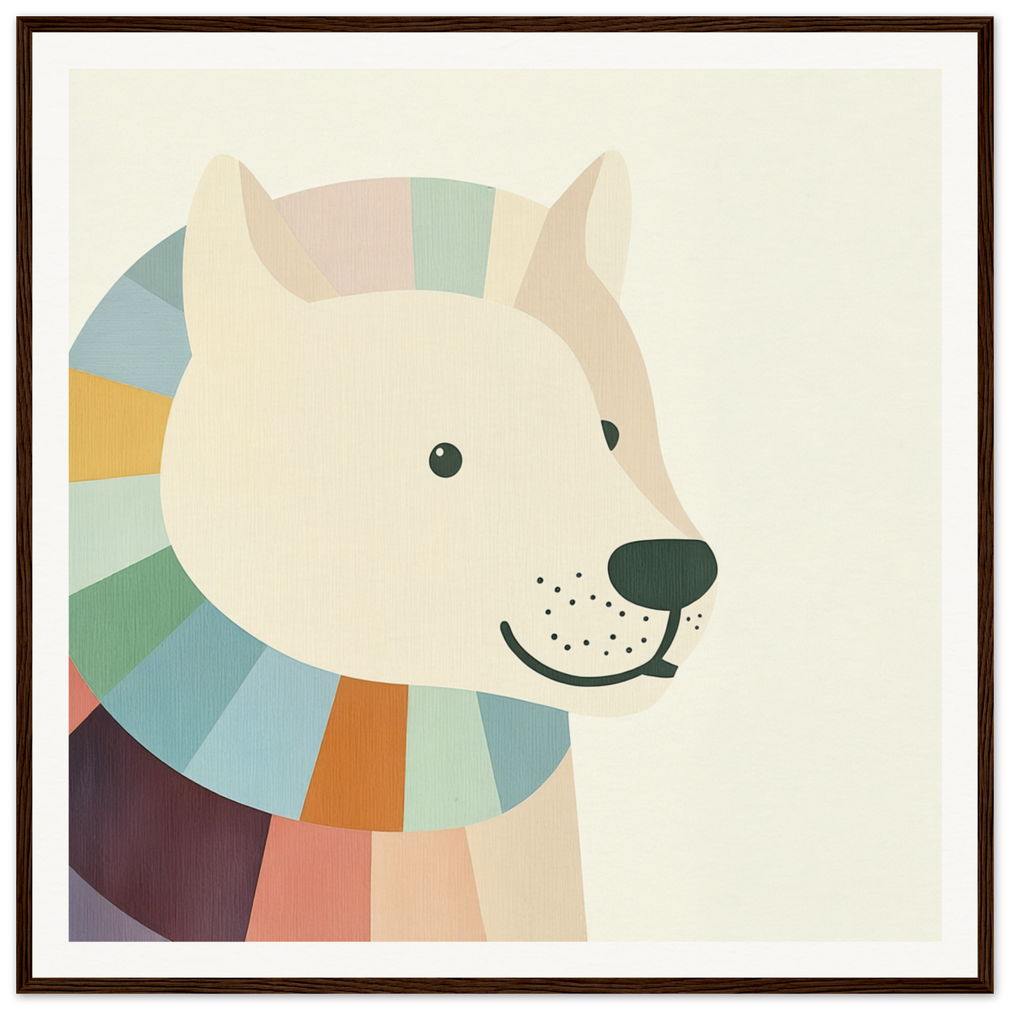 Stylized cartoon polar bear with a colorful striped collar for nursery wall art