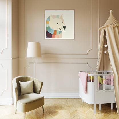 Modern nursery featuring white crib, beige canopy, and adorable polar bear nursery wall art