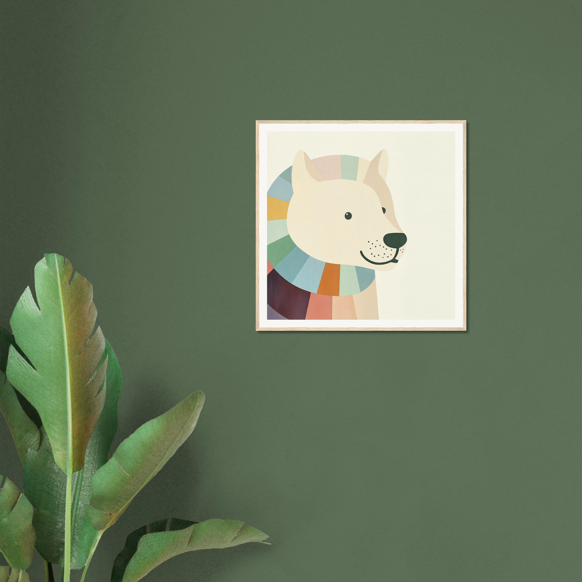 Framed poster of a polar bear in a colorful scarf, perfect nursery wall art