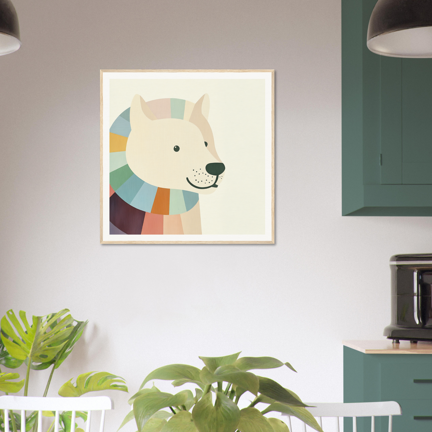 Minimalist polar bear framed poster with colorful shapes for stylish nursery decor