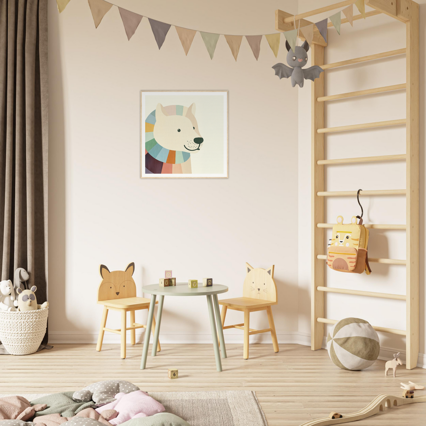 Children’s play area with chairs and table, perfect for nursery decor or wall art