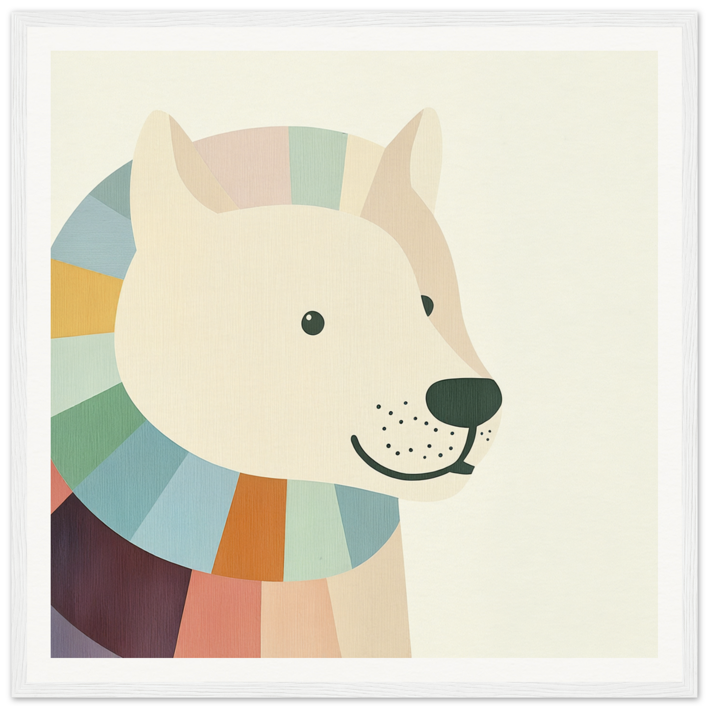 Minimalist illustration of a cream dog with a scarf, perfect for nursery wall art