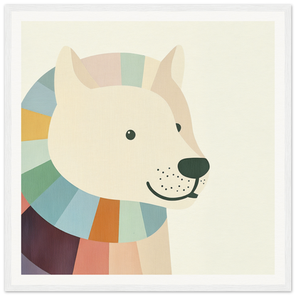 Minimalist illustration of a cream dog with a scarf, perfect for nursery wall art