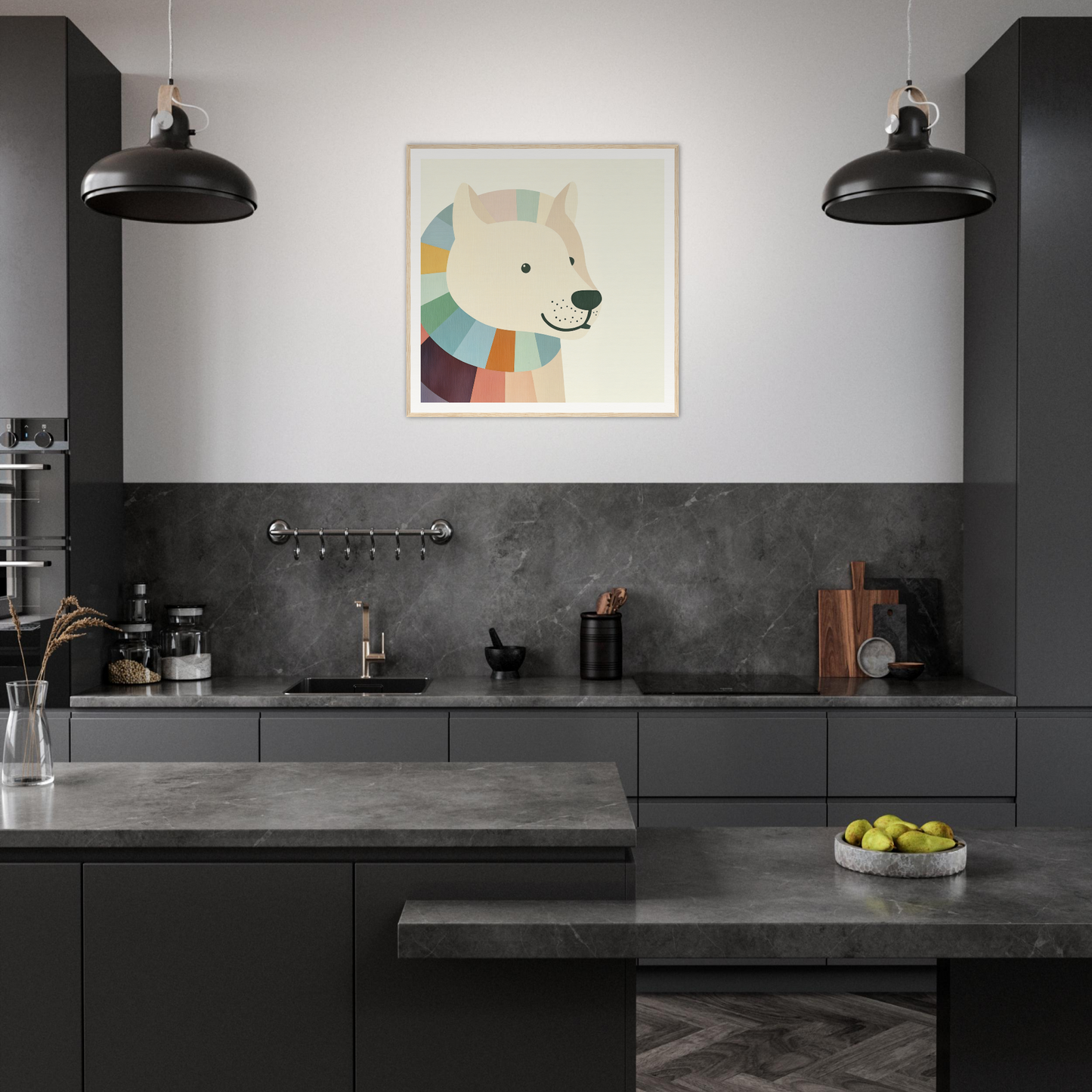 Modern dark gray kitchen featuring colorful polar bear nursery wall art as a focal point