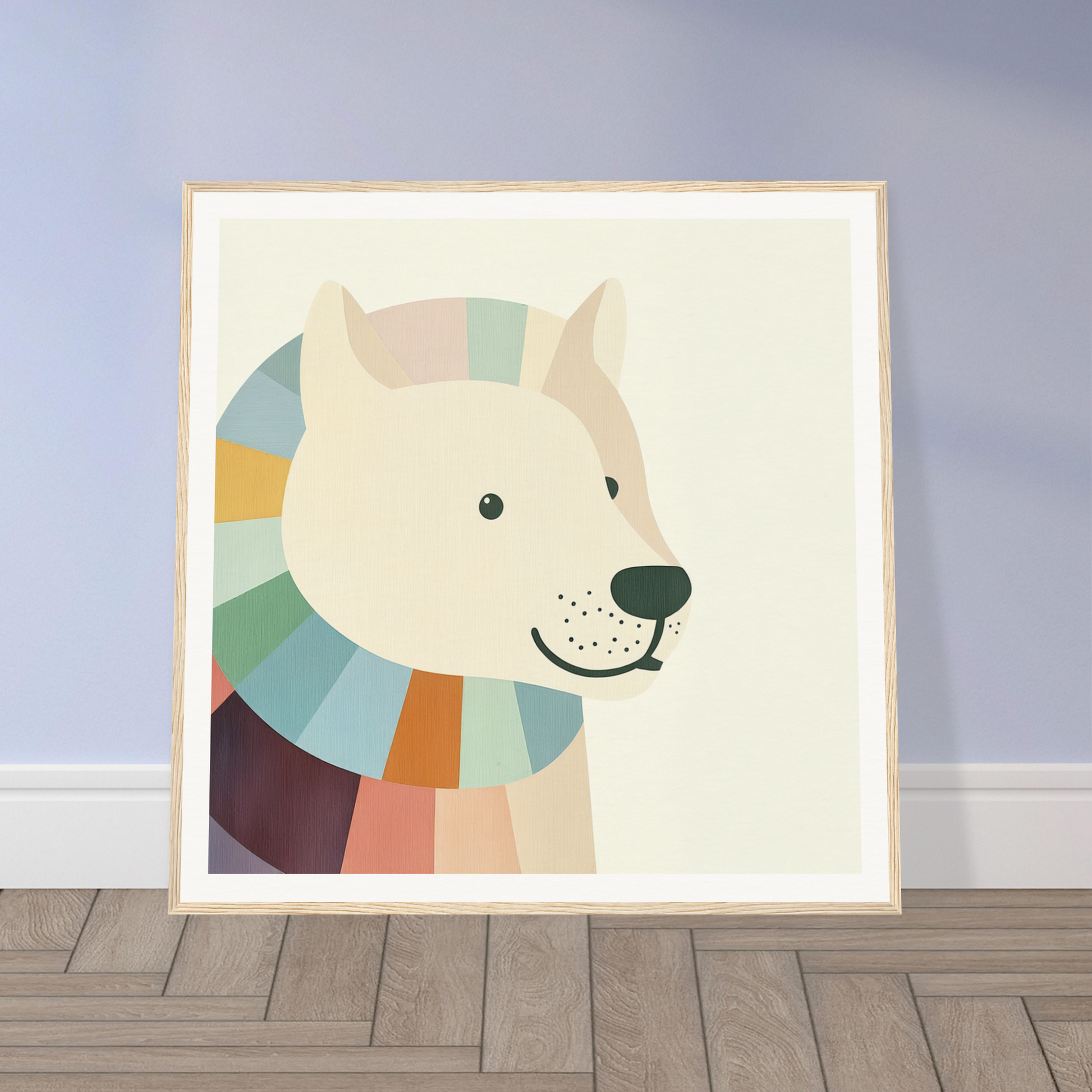 Cartoon polar bear in a striped scarf, perfect for nursery wall art or decor