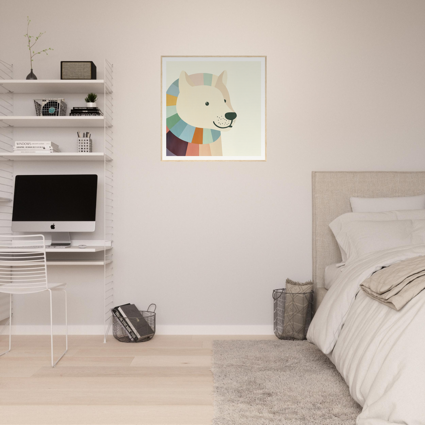 Minimalist bedroom featuring floating shelves, an iMac, and geometric nursery wall art