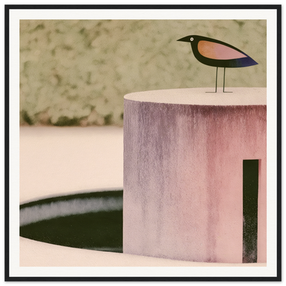 Stylized bird figure in pink and blue on a pedestal showcasing the Prophetic Pink Perch