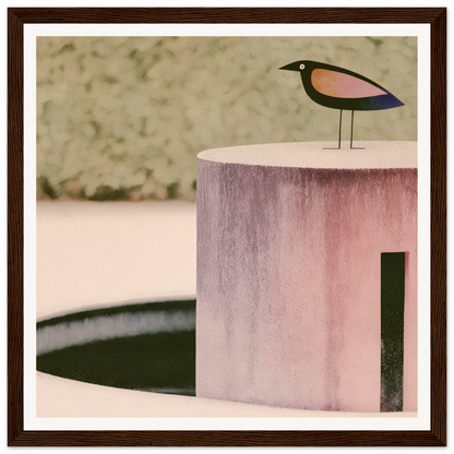 Minimalist wooden bird figure on a pink pedestal from the Prophetic Pink Perch collection