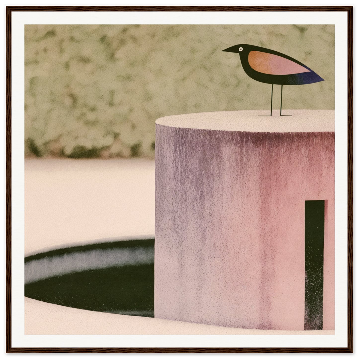 Minimalist wooden bird figure atop a cylindrical pedestal of the Prophetic Pink Perch