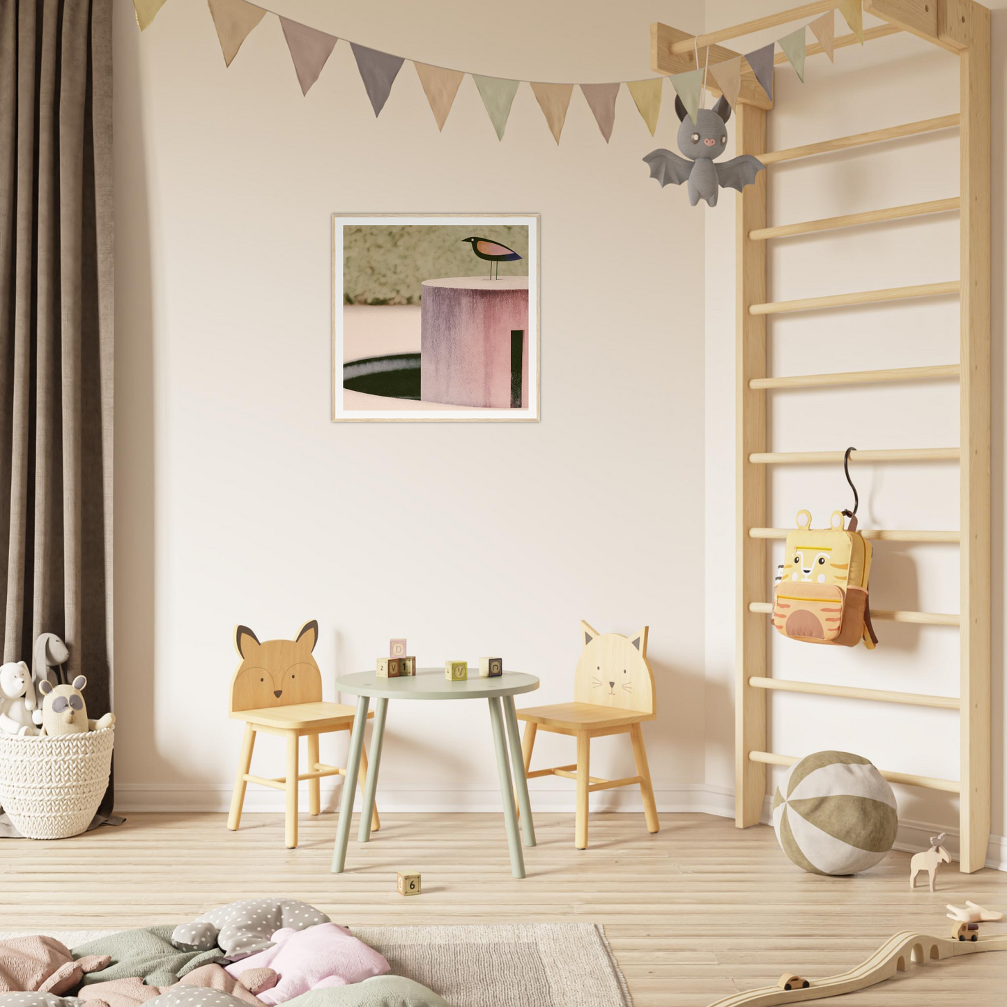 Children’s play area featuring Prophetic Pink Perch animal-themed chairs and table