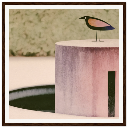 Stylized wooden bird figure with pink and blue accents on Prophetic Pink Perch