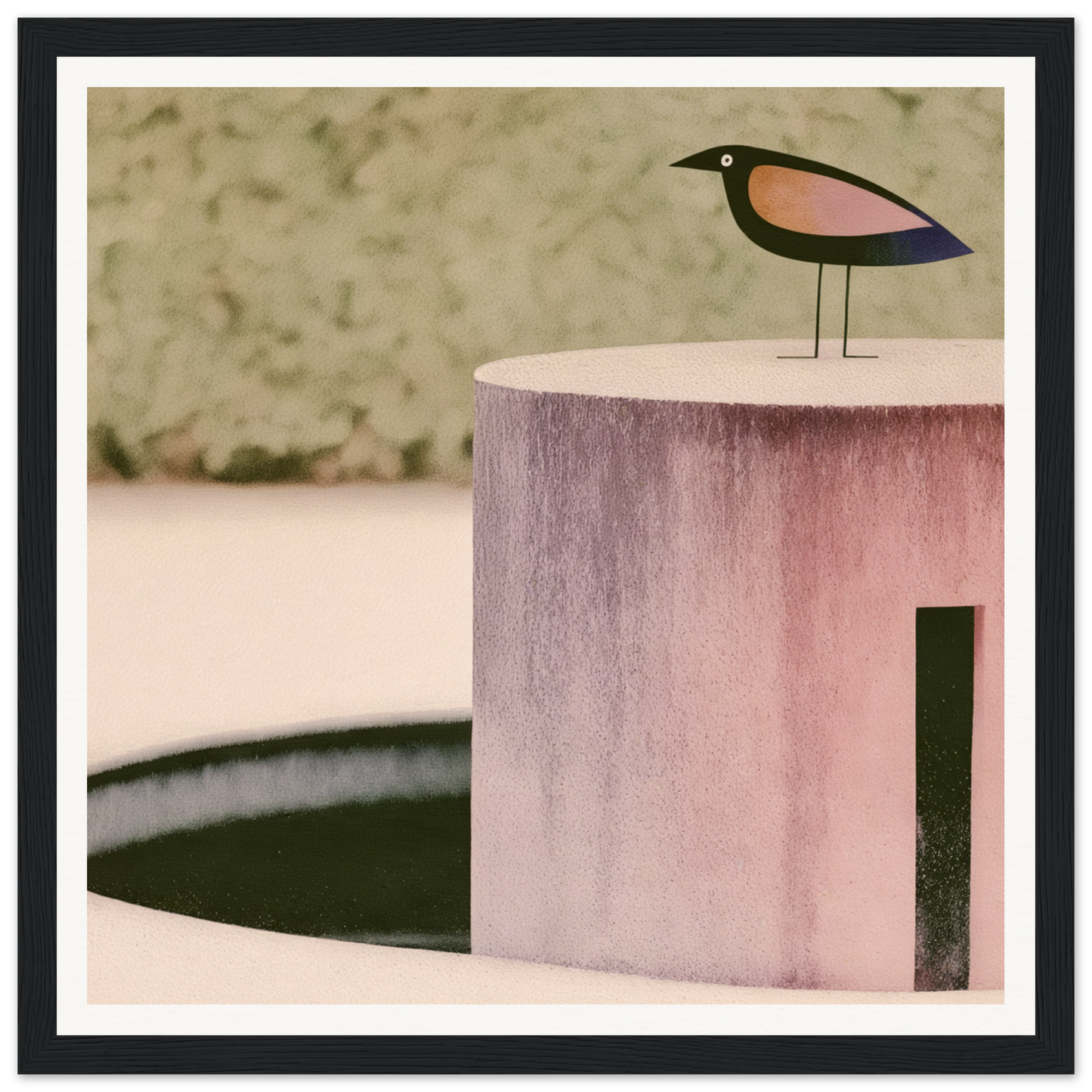 Stylized wooden bird figure in pink and blue on a cylindrical pedestal for Prophetic Pink Perch