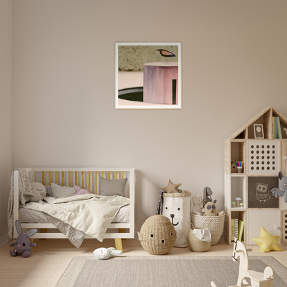 Wooden crib with gray bedding and yellow accents in Prophetic Pink Perch design