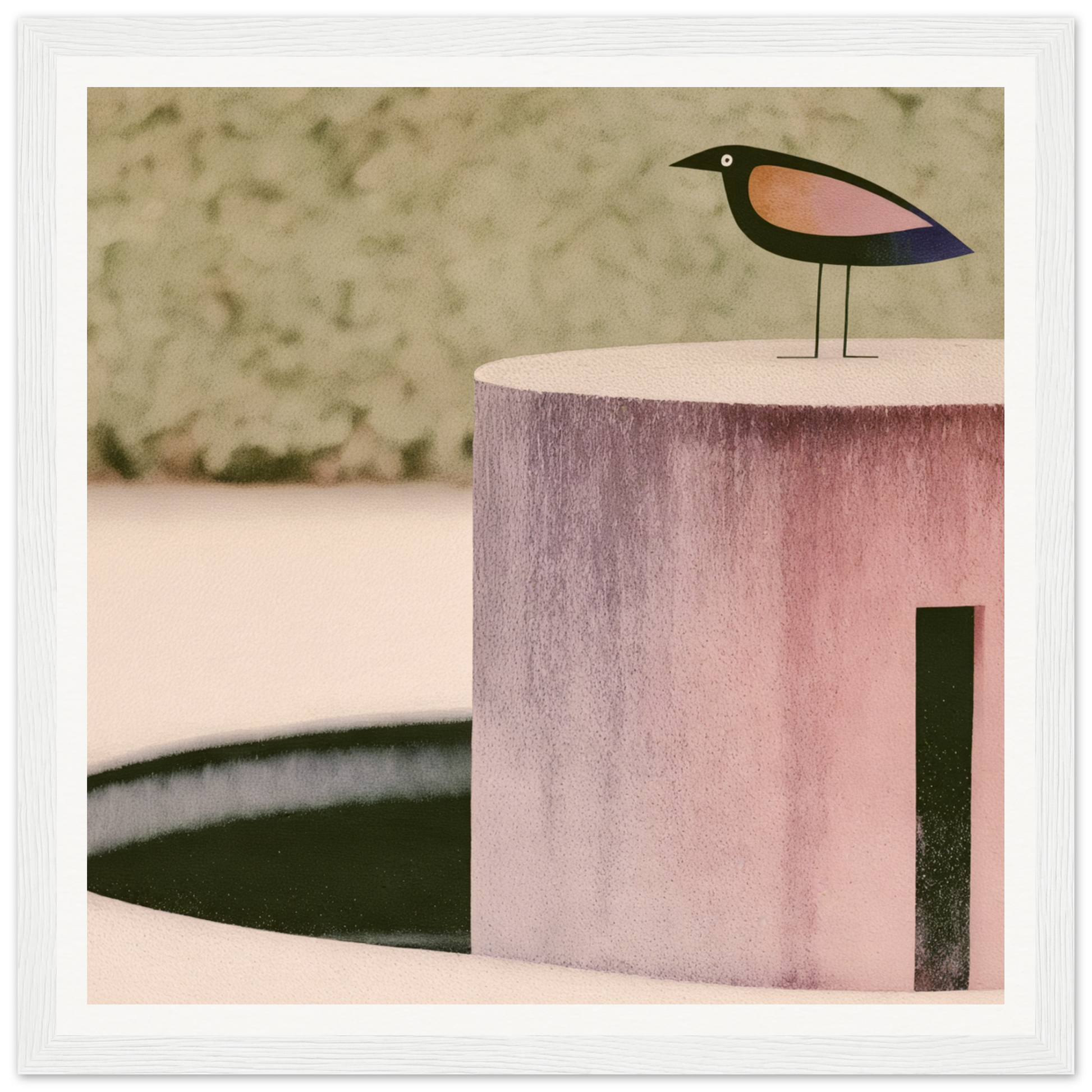 Minimalist wooden bird figure on cylindrical pedestal in Prophetic Pink Perch design