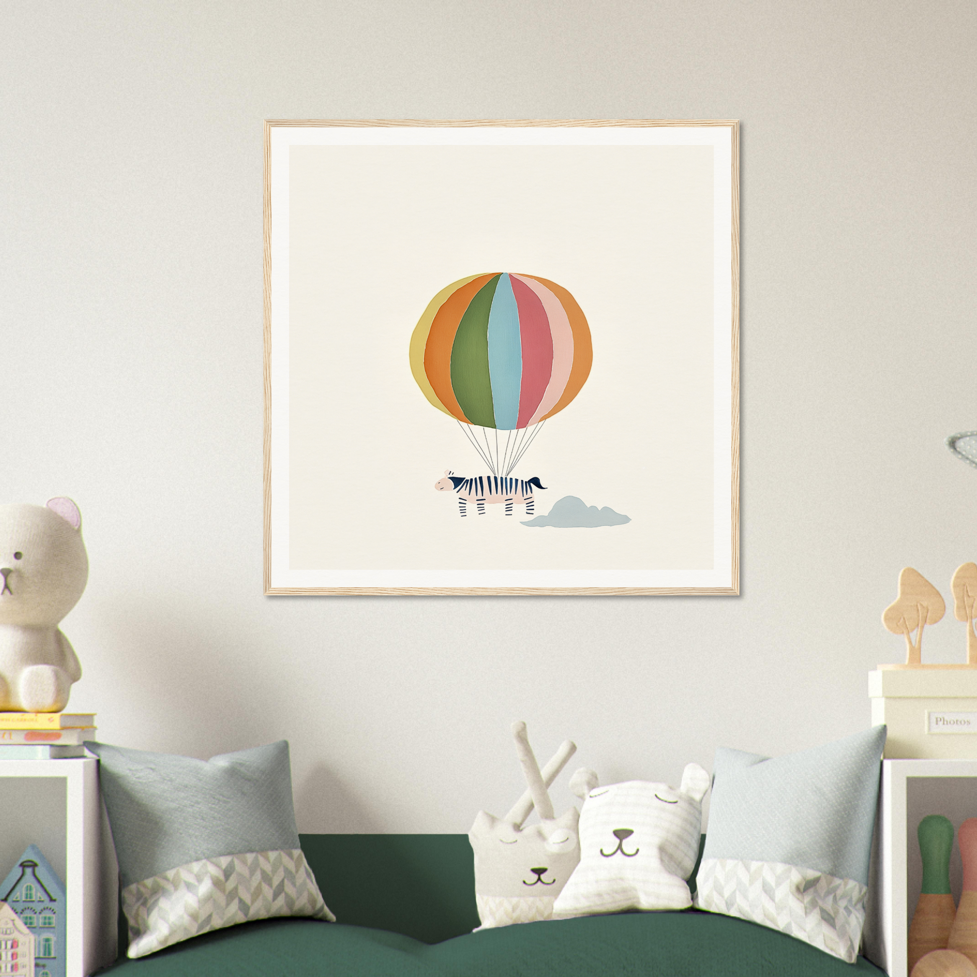 Framed canvas art featuring a zebra in a colorful hot air balloon design