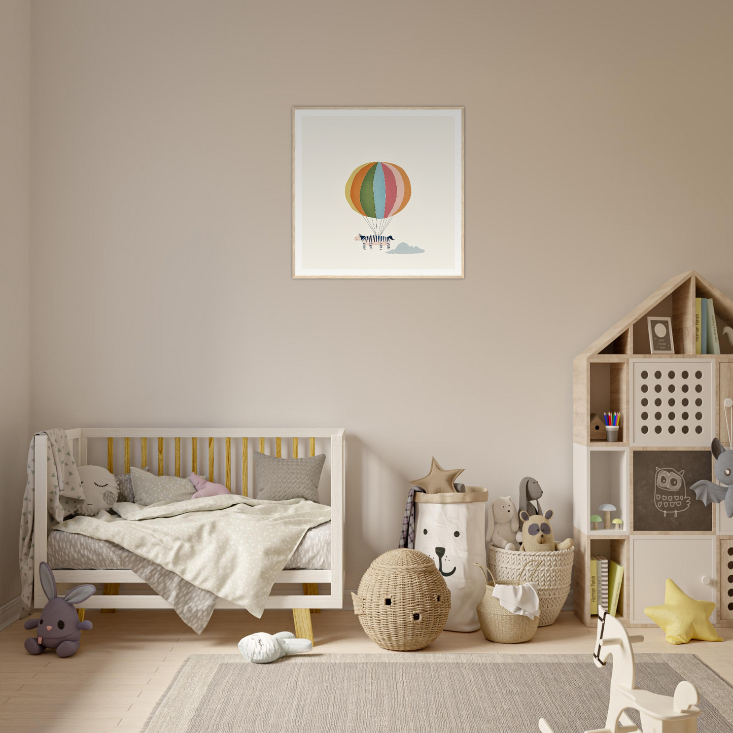 Wooden crib with gray bedding and yellow slats from Psychedelic Airborne Menagerie framed canvas art