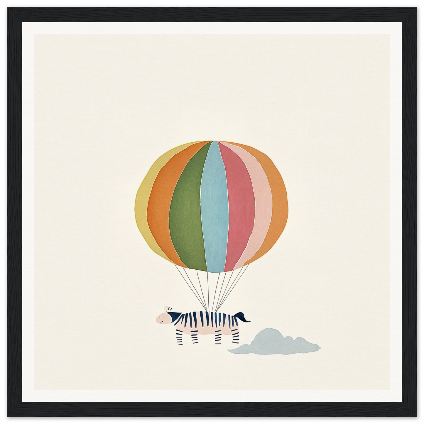 Colorful striped hot air balloon with zebra, featured in Psychedelic Airborne Menagerie framed canvas art