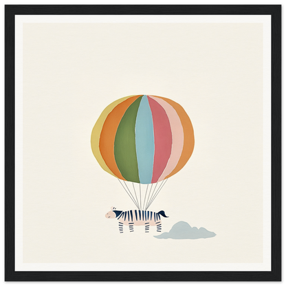 Colorful striped hot air balloon with zebra, featured in Psychedelic Airborne Menagerie framed canvas art