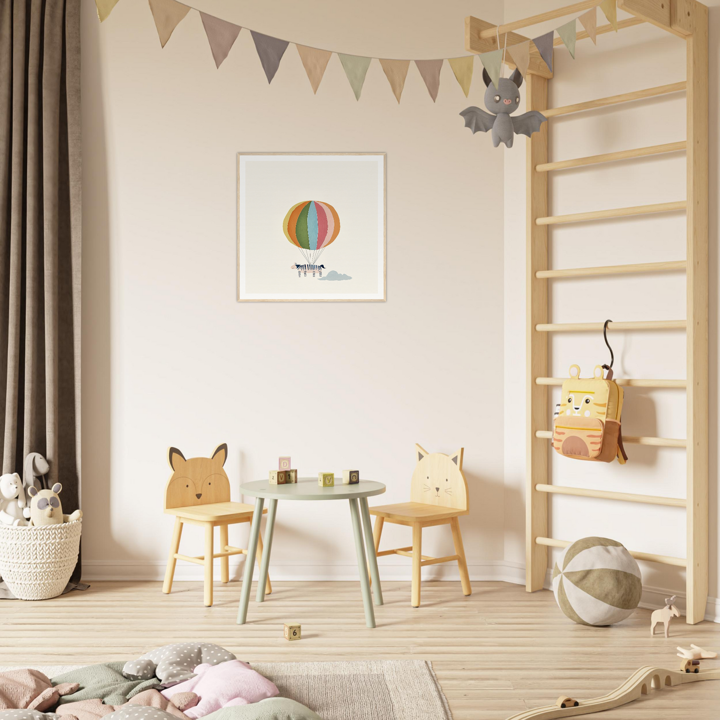 Children’s play area with animal-themed chairs and table, framed canvas art backdrop