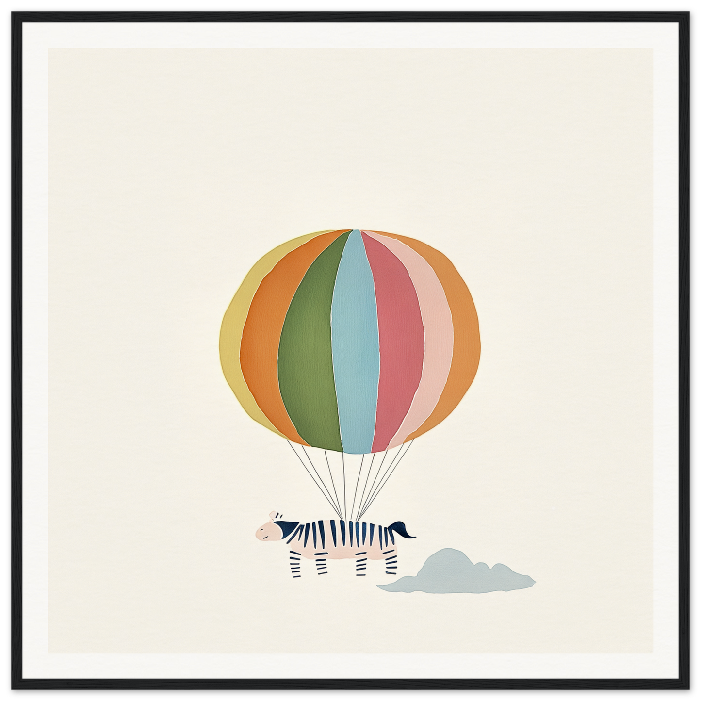 Psychedelic Airborne Menagerie framed canvas art of a striped zebra with a hot air balloon