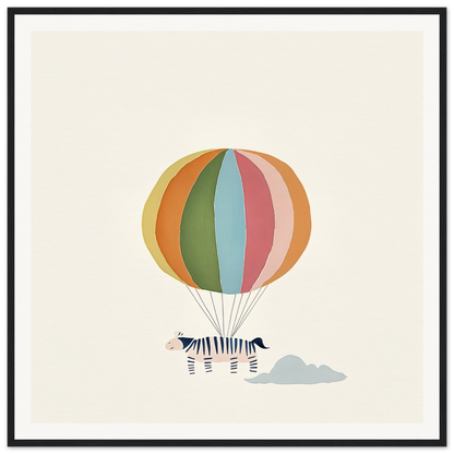 Psychedelic Airborne Menagerie framed canvas art of a striped zebra with a hot air balloon