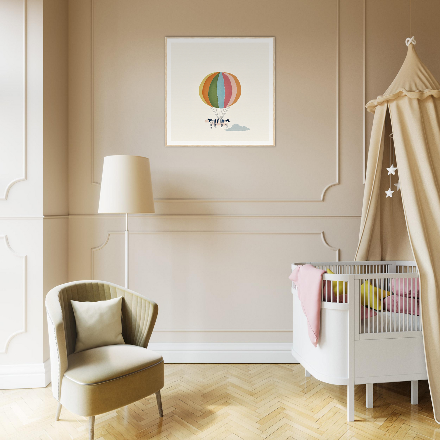 Modern white crib with beige canopy above framed canvas art in Psychedelic Airborne Menagerie