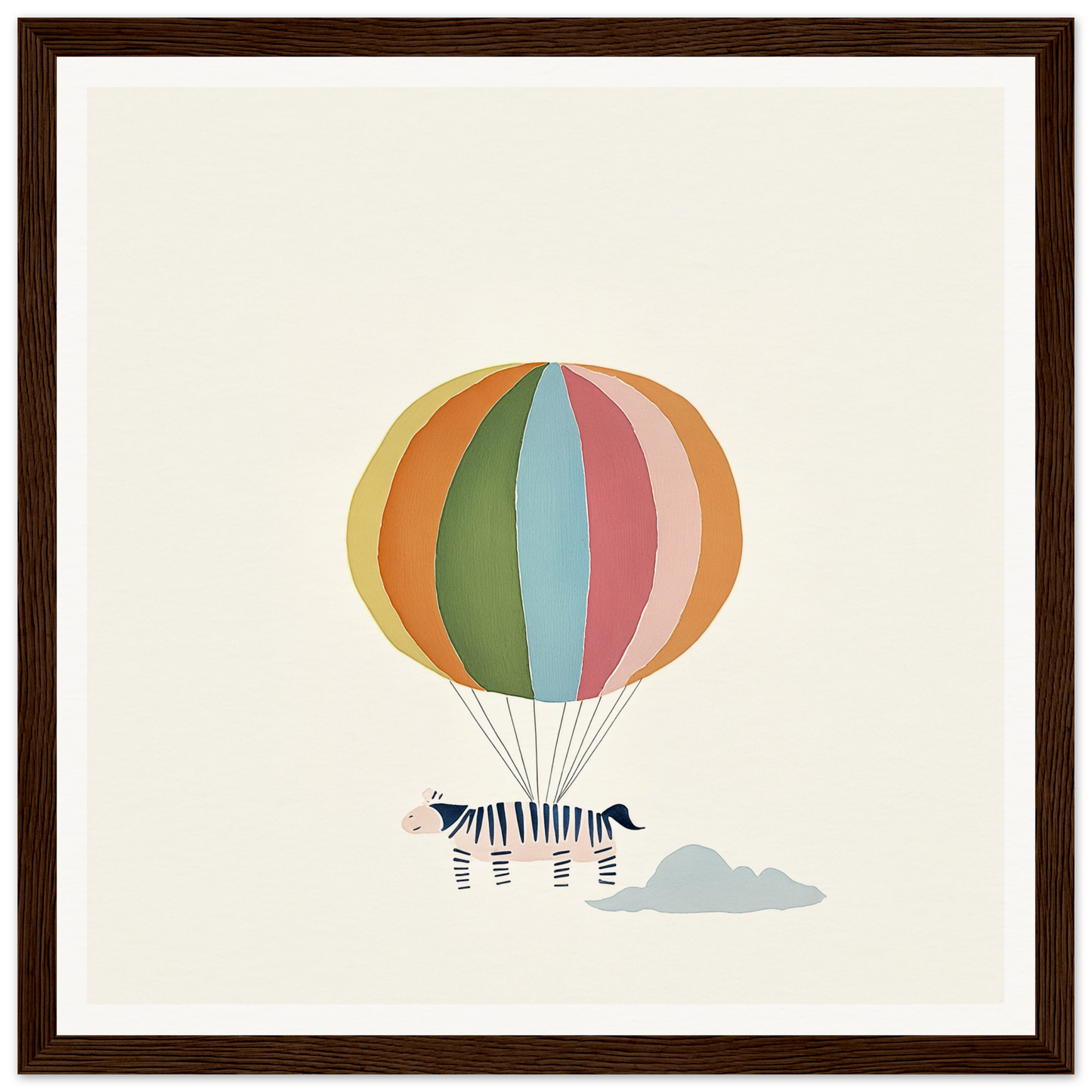 Colorful striped hot air balloon tethered to a zebra in framed canvas art design