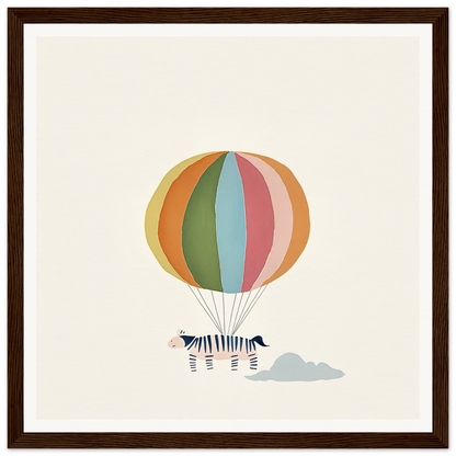 Colorful striped hot air balloon tethered to a zebra in framed canvas art design