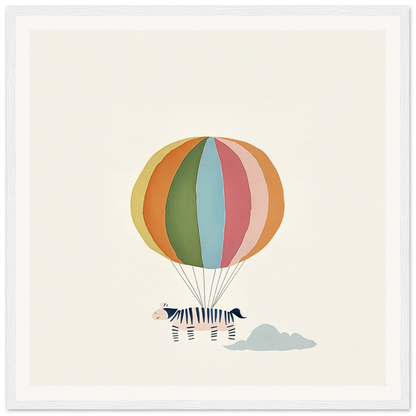 Colorful striped hot air balloon with zebras in special edition art framed canvas