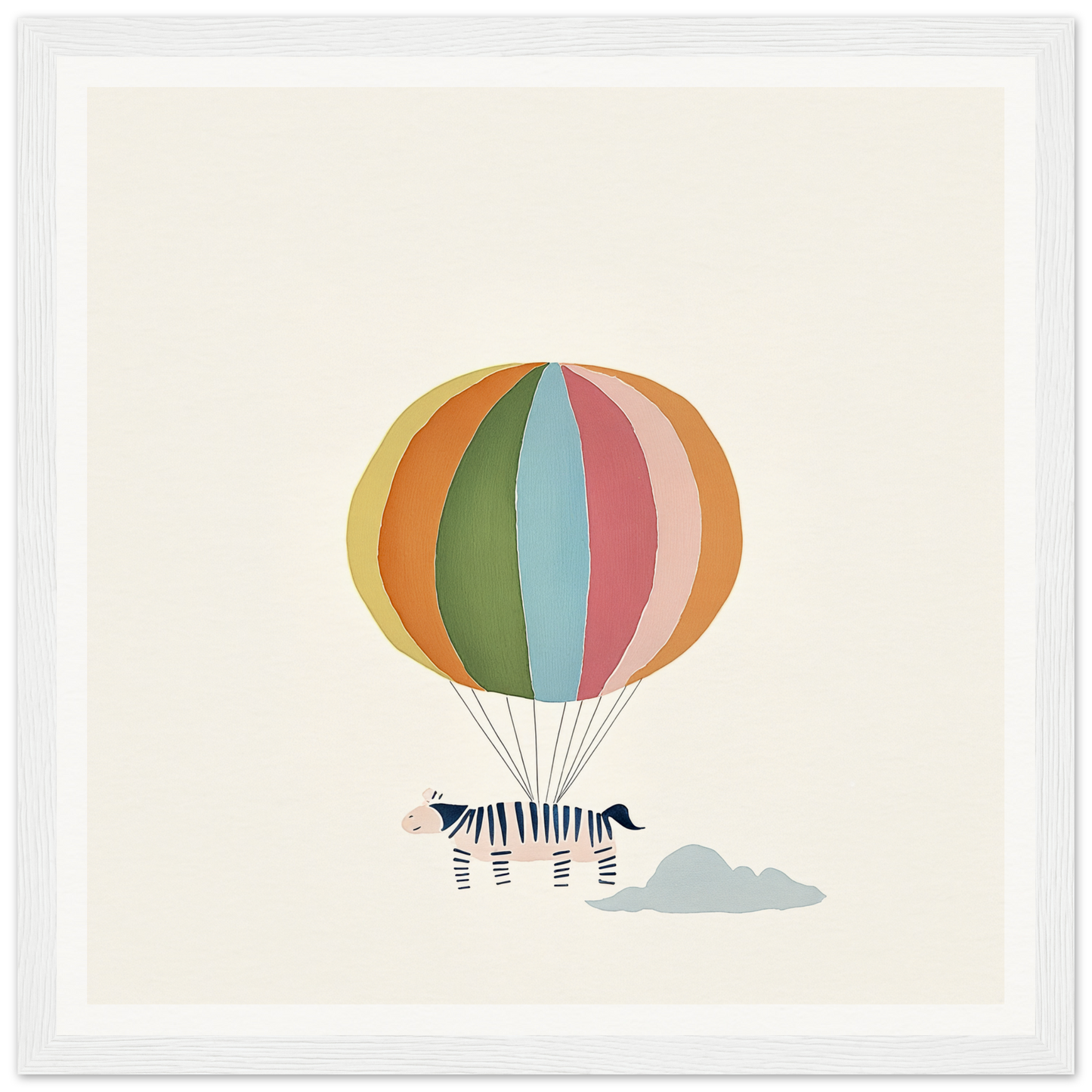 Colorful striped hot air balloon with zebra basket in framed canvas art for Psychedelic Airborne Menagerie